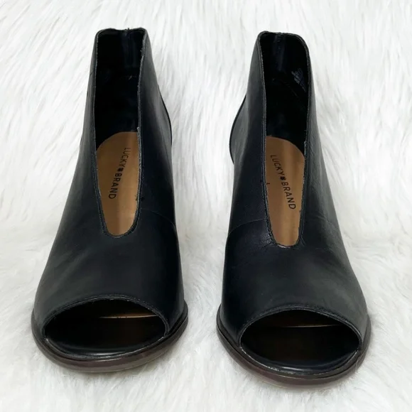 SOLD-Lucky Brand Black Leather Peep Toe Heel Shootie Ankle Boot Pumps - Picture 6 of 11